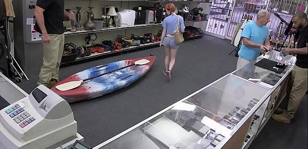  Petite redhead facefucked in pawnshop
